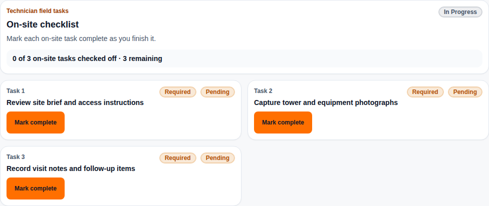 Assigned field work order with three required checklist tasks still pending